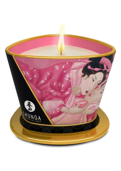 Shunga massagekaars met brandende vlam in roze pot met gouden rand, 170 ml.