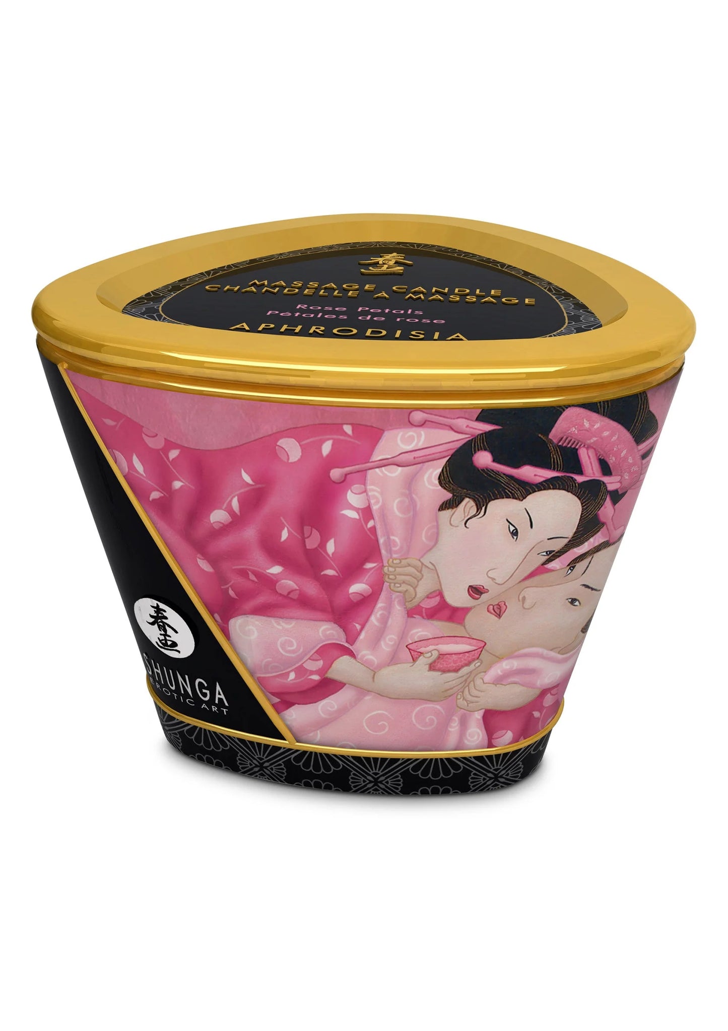 Shunga massagekaars in zwarte pot met roze illustratie en gouden deksel, 170 ml.