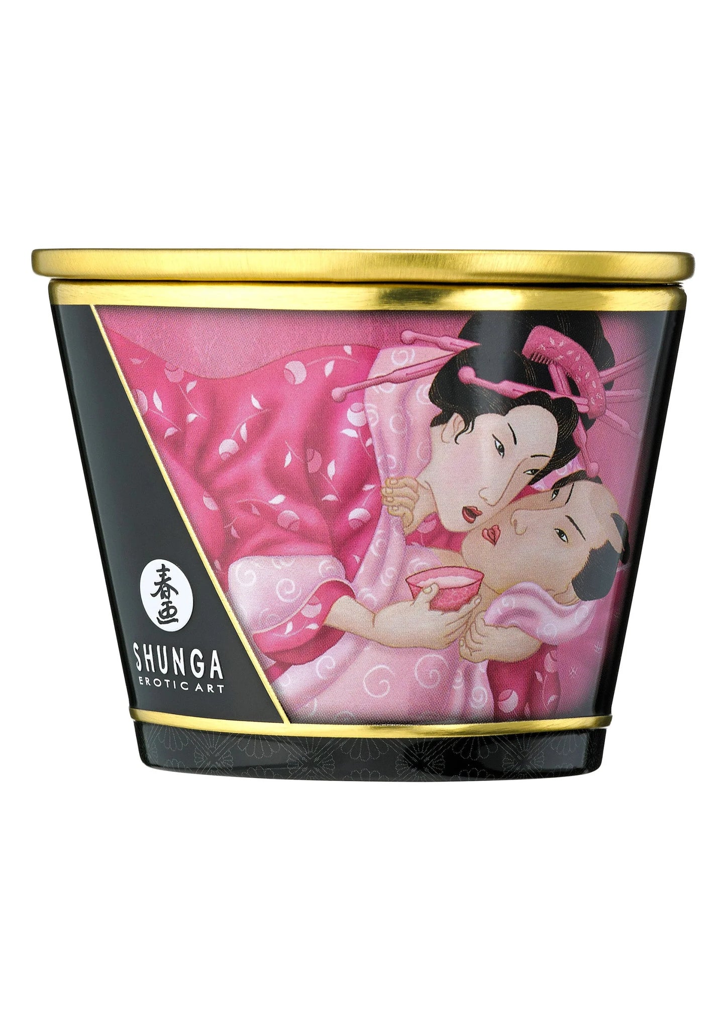 Shunga massagekaars in zwarte pot met roze illustratie, gouden deksel bovenop, 170 ml.