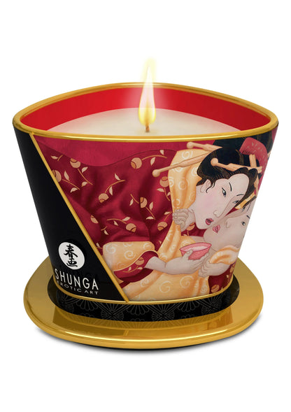 Shunga massagekaars met brandende vlam in rode/gele pot en gouden rand, 170 ml.