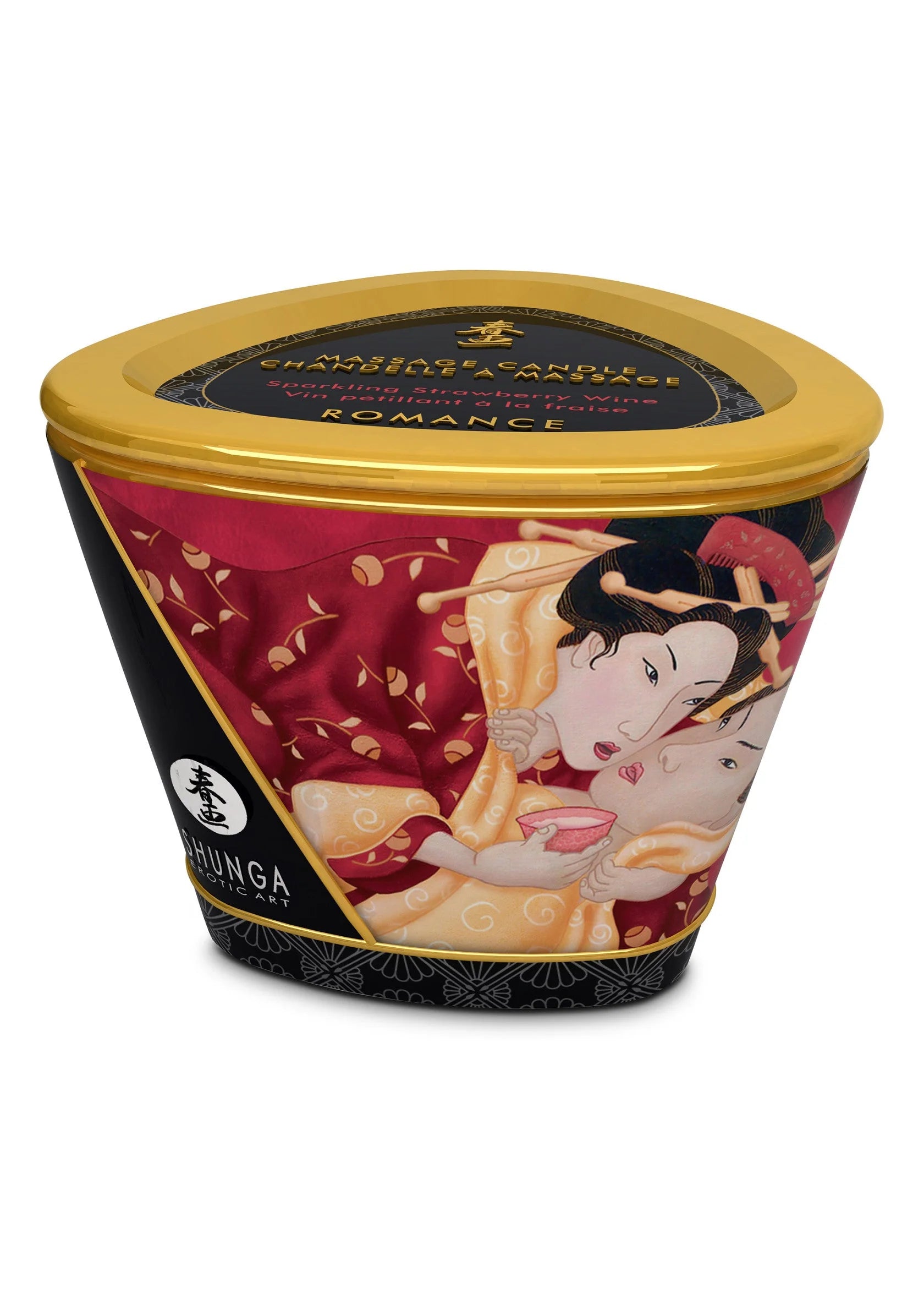 Massagekaars Shunga 170 ml in rode pot met gouden deksel en decor met figuren