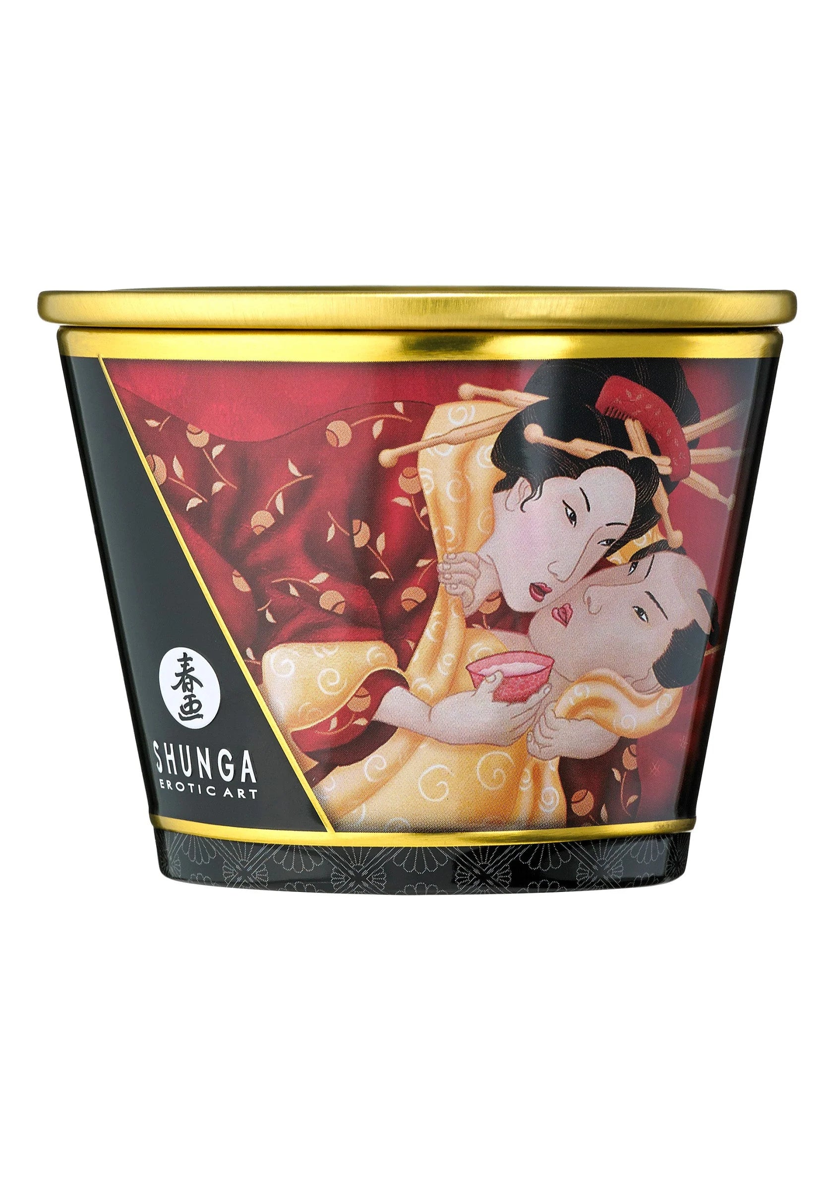 Massagekaars Shunga 170 ml in rode pot met gouden deksel en decor met figuren