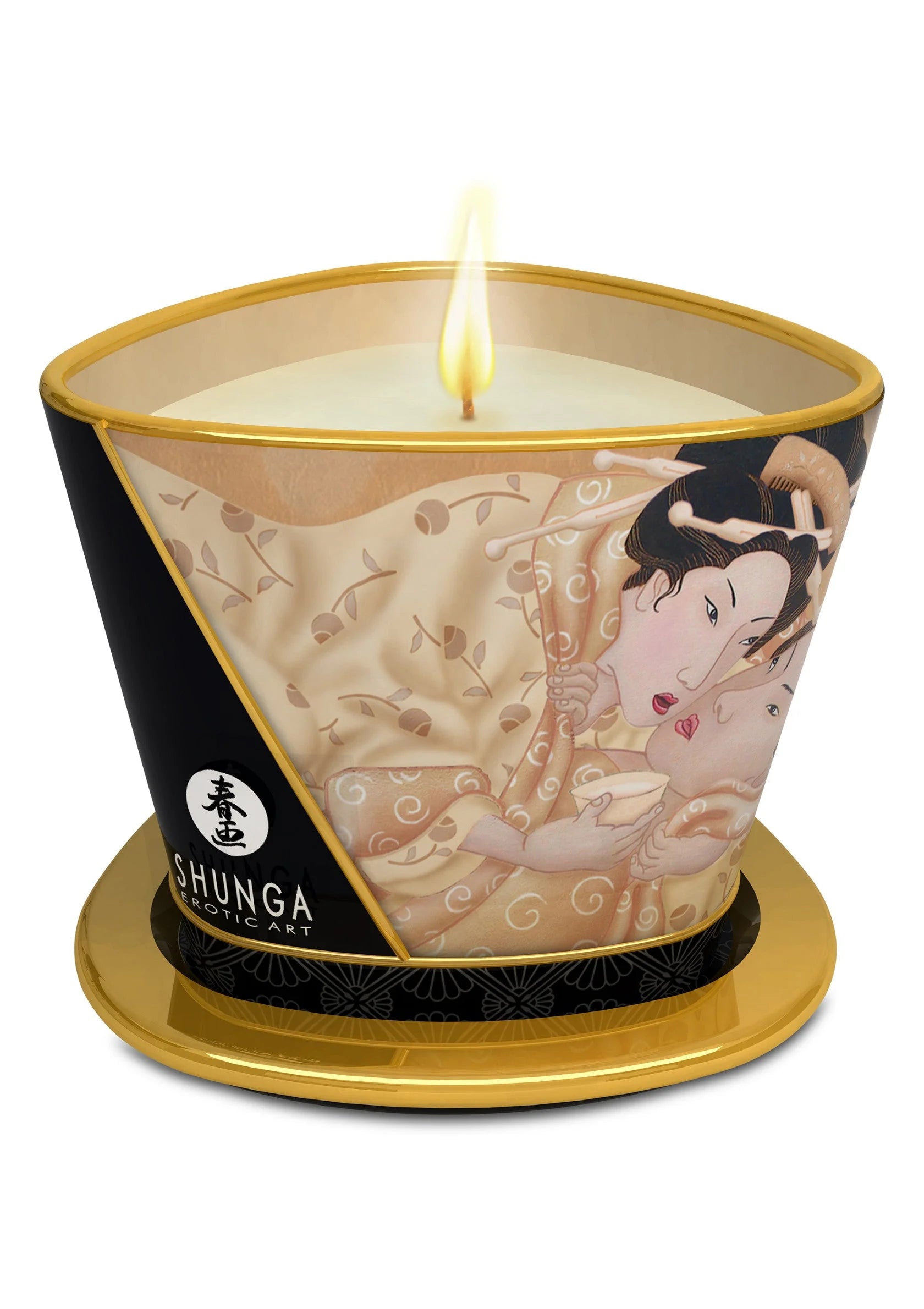 Shunga massagekaars met brandende vlam in beige pot met gouden rand, 170 ml.