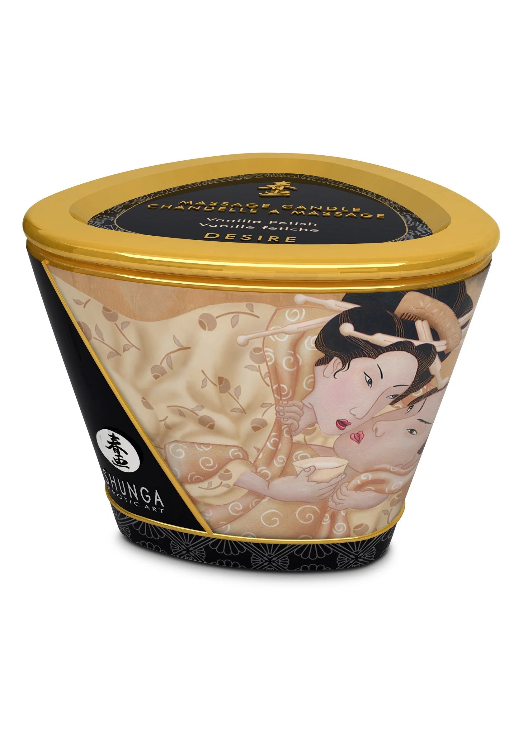 Massagekaars Shunga 170 ml in beige tint pot met gouden deksel en decor met figuren