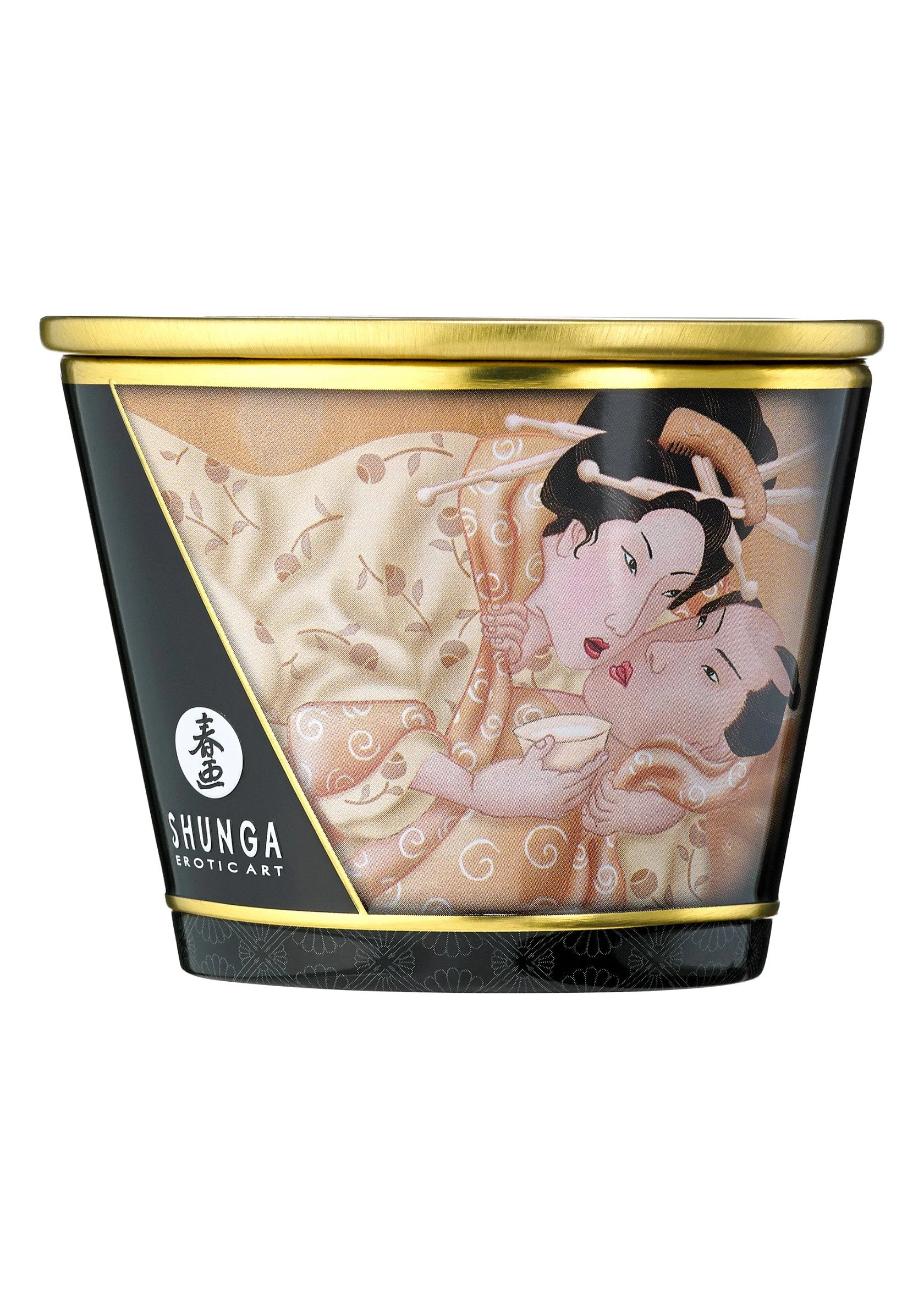 Massagekaars Shunga 170 ml in beige tint pot met gouden deksel en decor met figuren