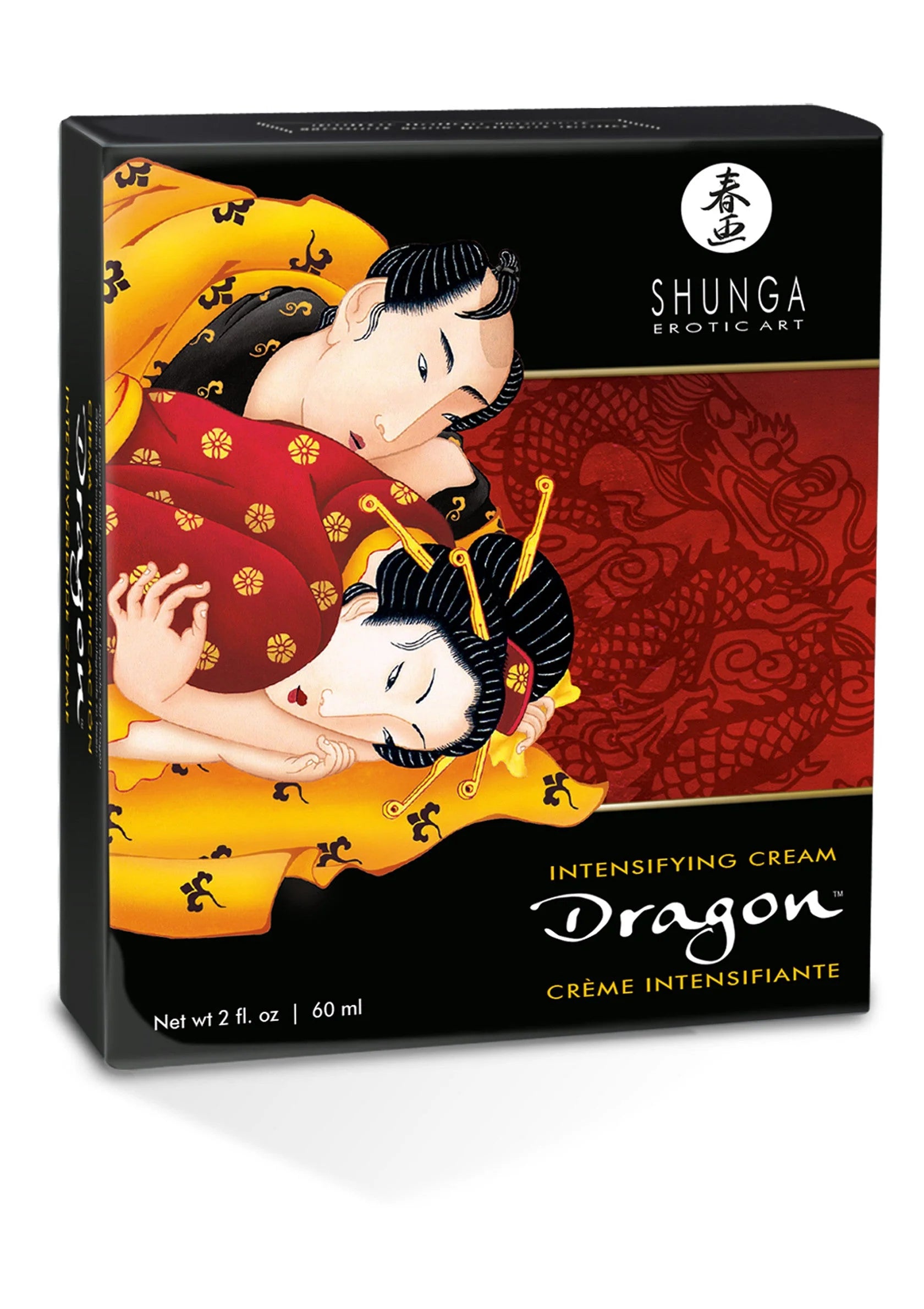 Shunga Dragon intensifying cream doos met twee figuren en rode drakendecoratie
