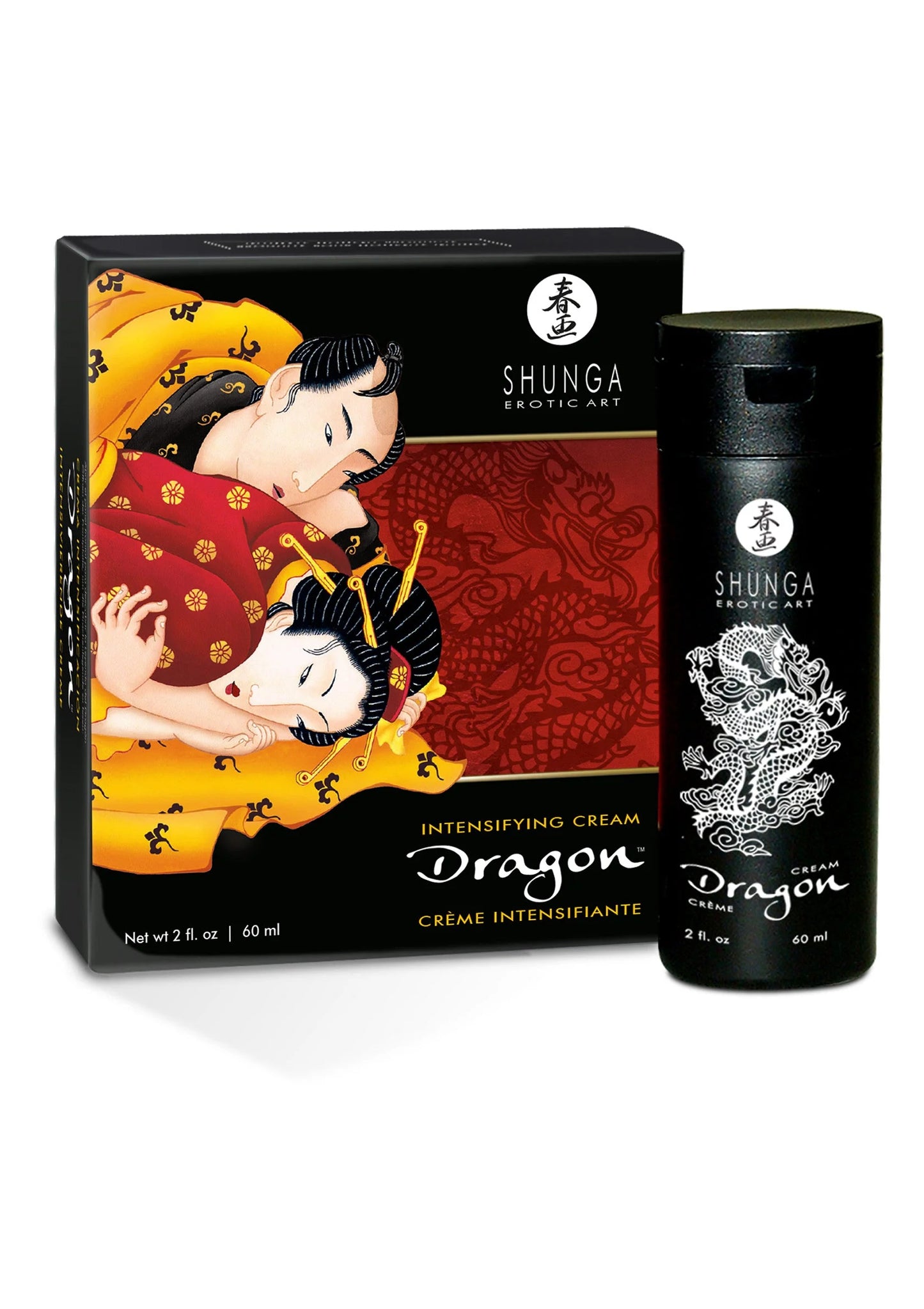 Shunga Dragon-viriliteitscrème doos met twee figuren en zwarte fles ernaast