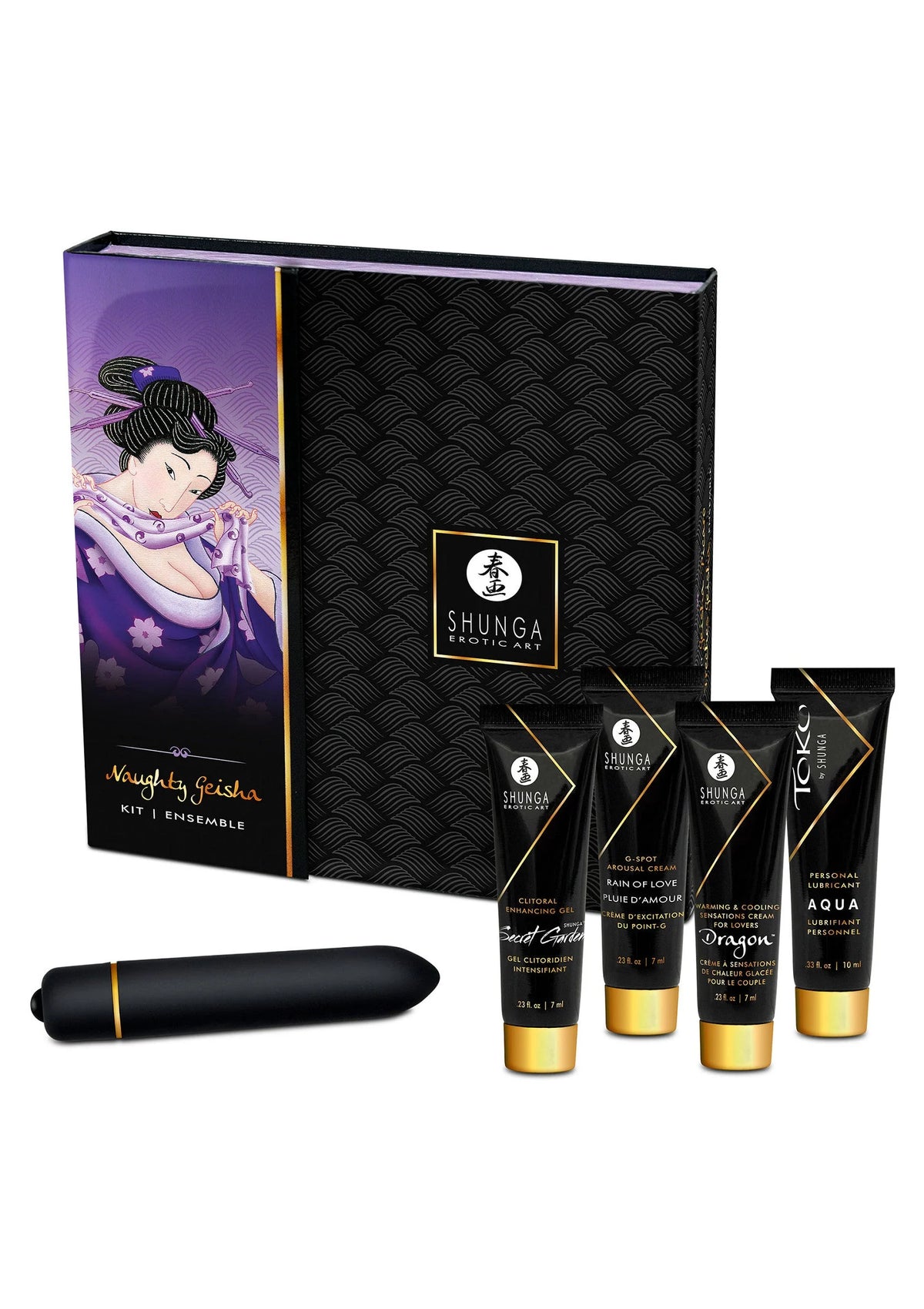 Shunga ondeugende geisha-kit: zwart staafspeelgoed en vier gekleurde glijmiddeltubes