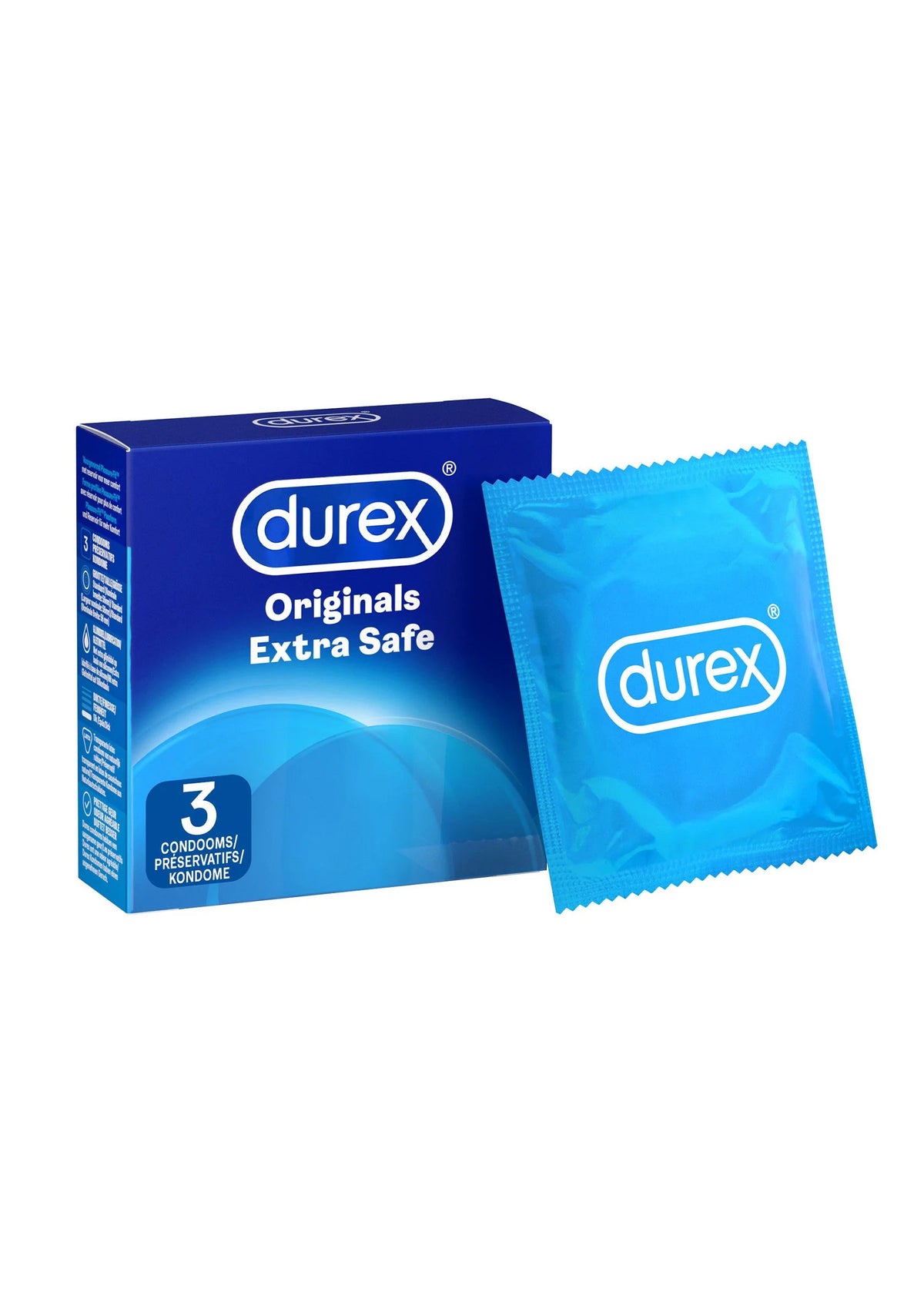 Durex Extra Safe condoompakket met 3 condooms, blauw.