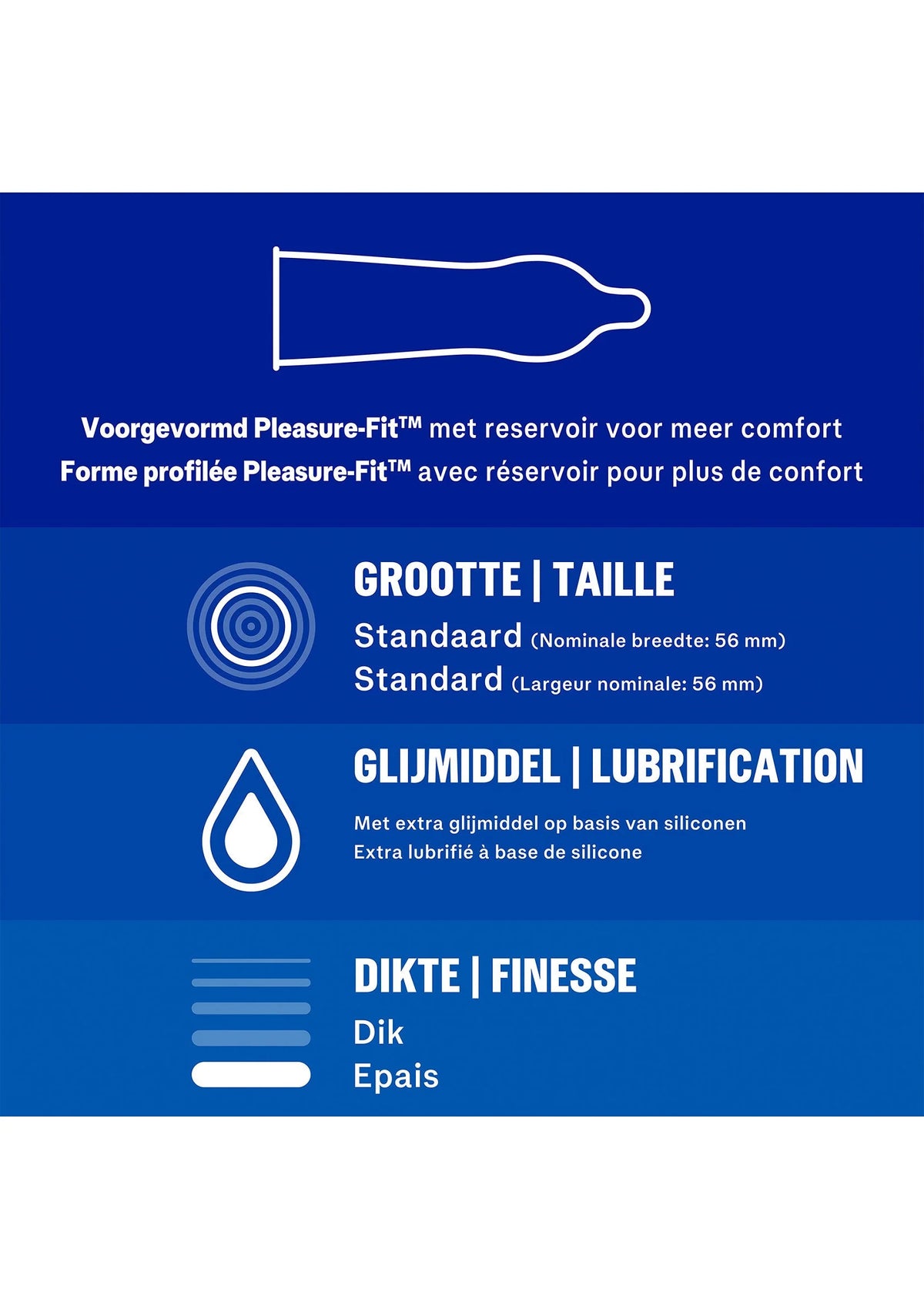 Achterkant met maat- en smeerinfo: standaard 56 mm, extra glijmiddel, dikte-indicator.