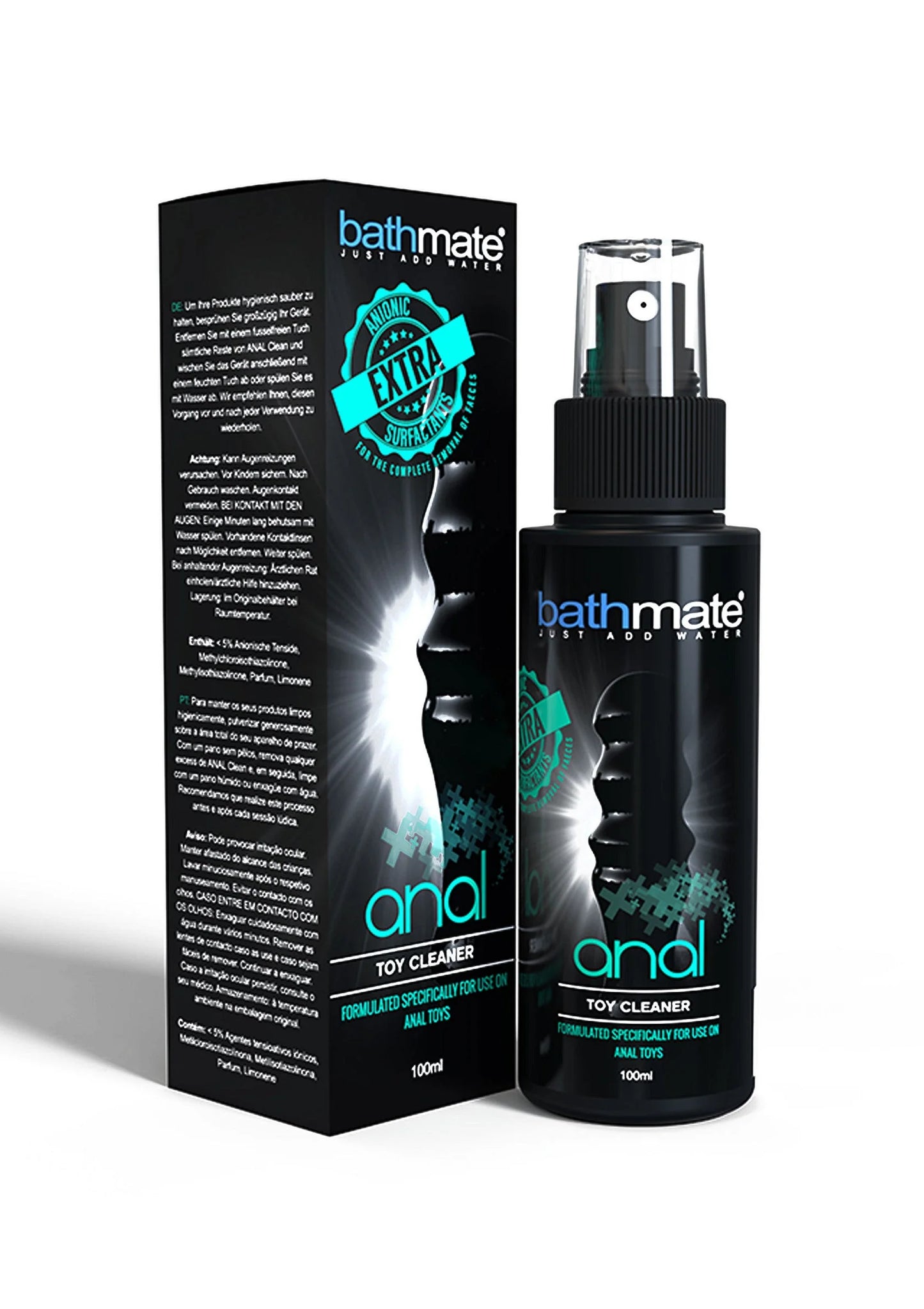 Bathmate anal toy-cleaner set: fles en doos, zwart met groen detail