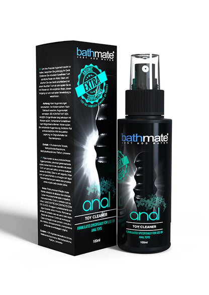 Bathmate anal toy-cleaner set: fles en doos, zwart met groen detail