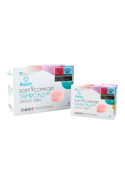 Beppy tamponsdoos met extra verpakking ernaast, roze-witte stijl, 8 stuks