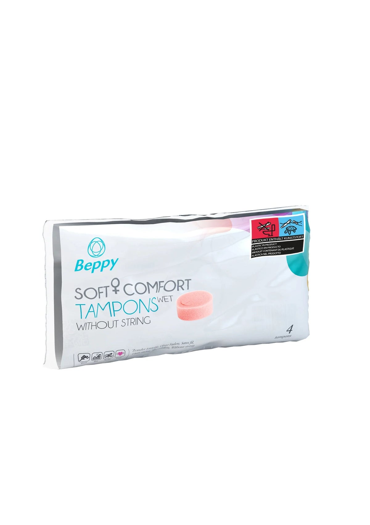 Beppy Soft & Comfort tampons wet, zijaanzicht van verpakking met 4 stuks