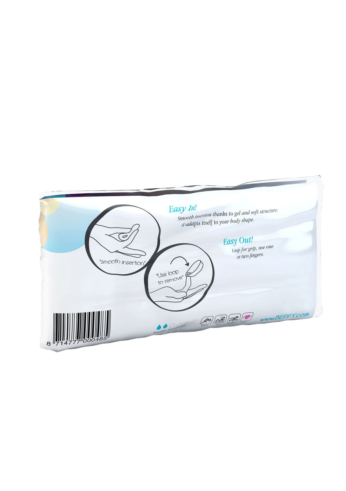 Beppy natte tamponsverpakking met barcode en gebruiksillustraties