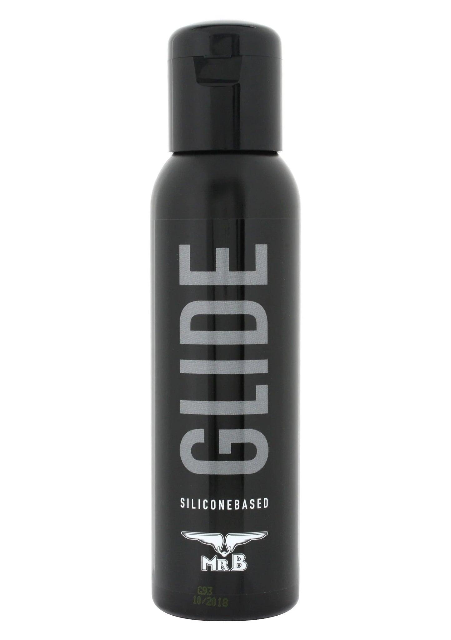 Zwarte fles glijmiddel GLIDE 250 ml met dop en MRB-logo op het label