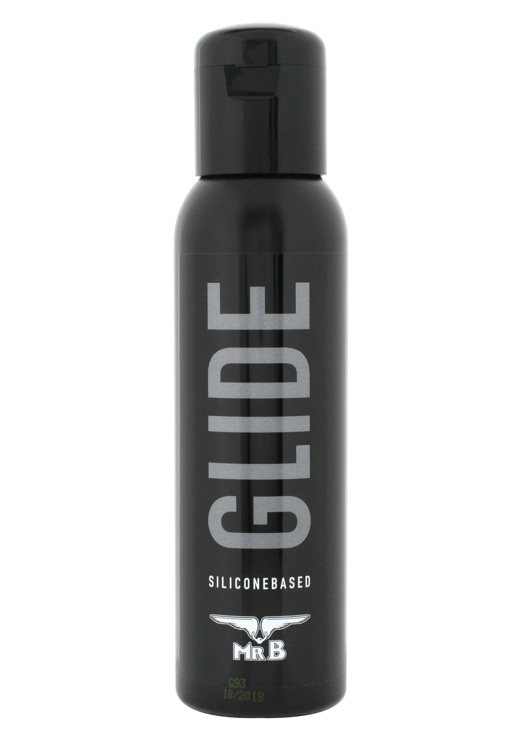 Zwarte fles glijmiddel GLIDE 250 ml met dop en MRB-logo op het label