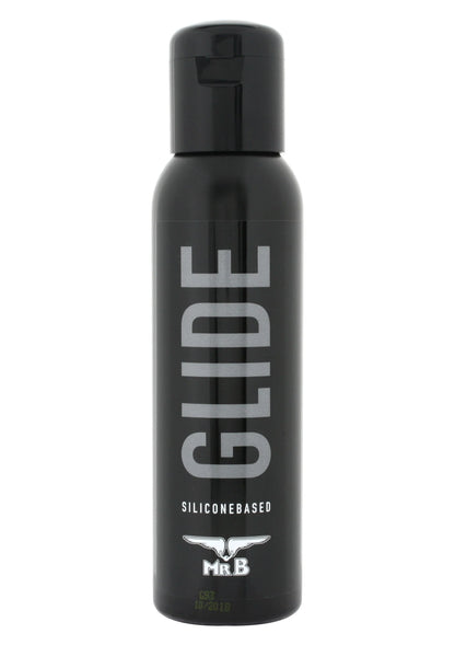 Zwarte fles glijmiddel GLIDE 250 ml met dop en MRB-logo op het label