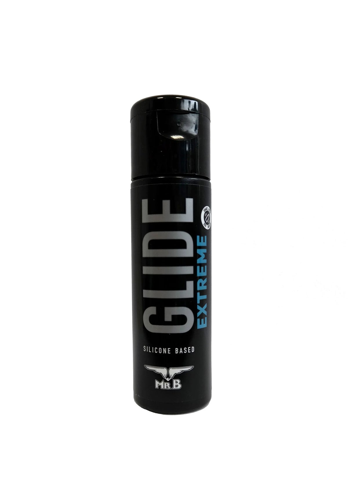 GLIDE Extreme 30 ml smeermiddel, zwarte fles met opzetdop en logo Mister B