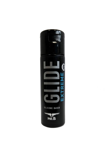 GLIDE Extreme 30 ml smeermiddel, zwarte fles met opzetdop en logo Mister B