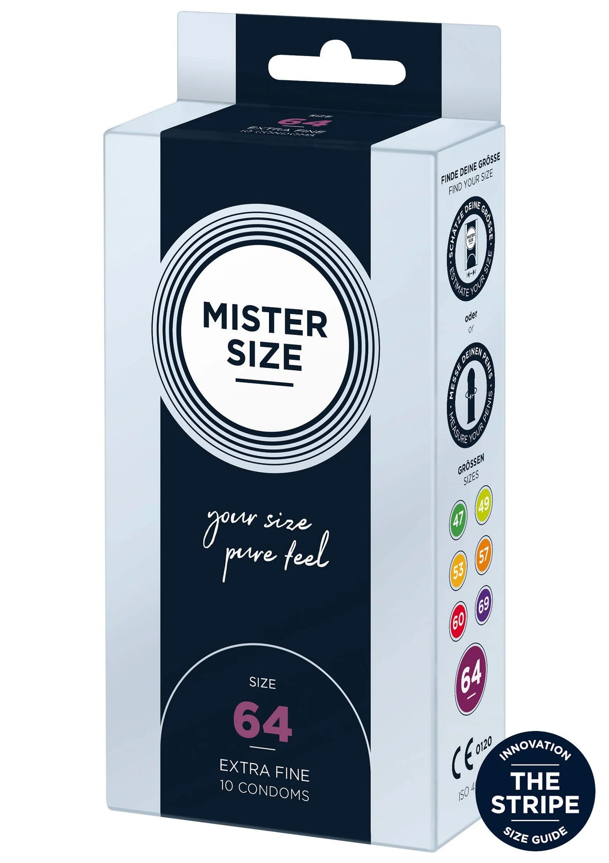 Condoomdoos Mister Size maat 64, 10 stuks, met “The Stripe”-maatgidsbadge