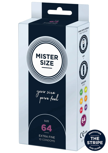 Condoomdoos Mister Size maat 64, 10 stuks, met “The Stripe”-maatgidsbadge