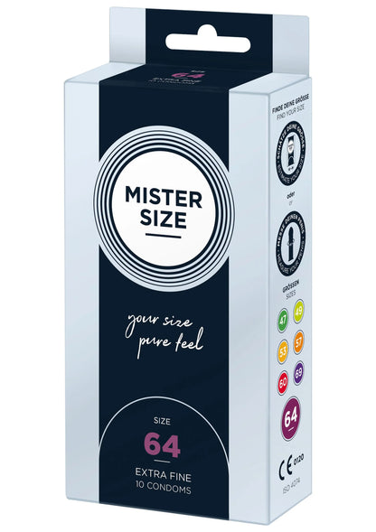 Condoomdoos Mister Size maat 64, 10 stuks, verpakking met CE- en maaticonen