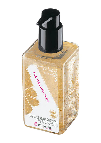 Glijmiddel met zwarte pomp, transparante goudkleurige fles met zijlabel, 250 ml