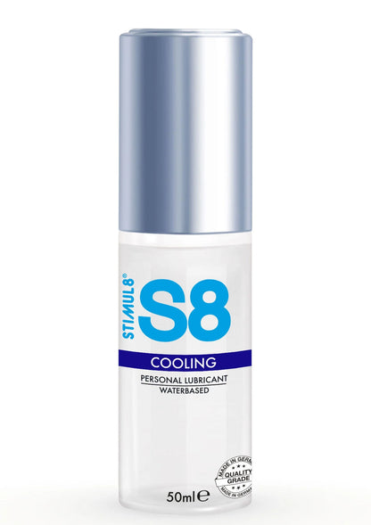 S8 cooling waterbased smeermiddel fles met blauwe S8-label, 50 ml, zilveren dop