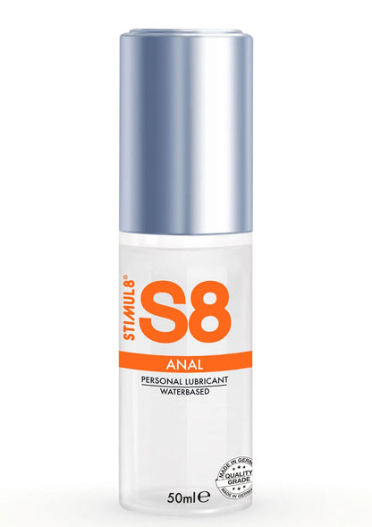 Waterbasis anale glijmiddel S8 fles met blauwe dop, oranje S8-tekst en 50 ml