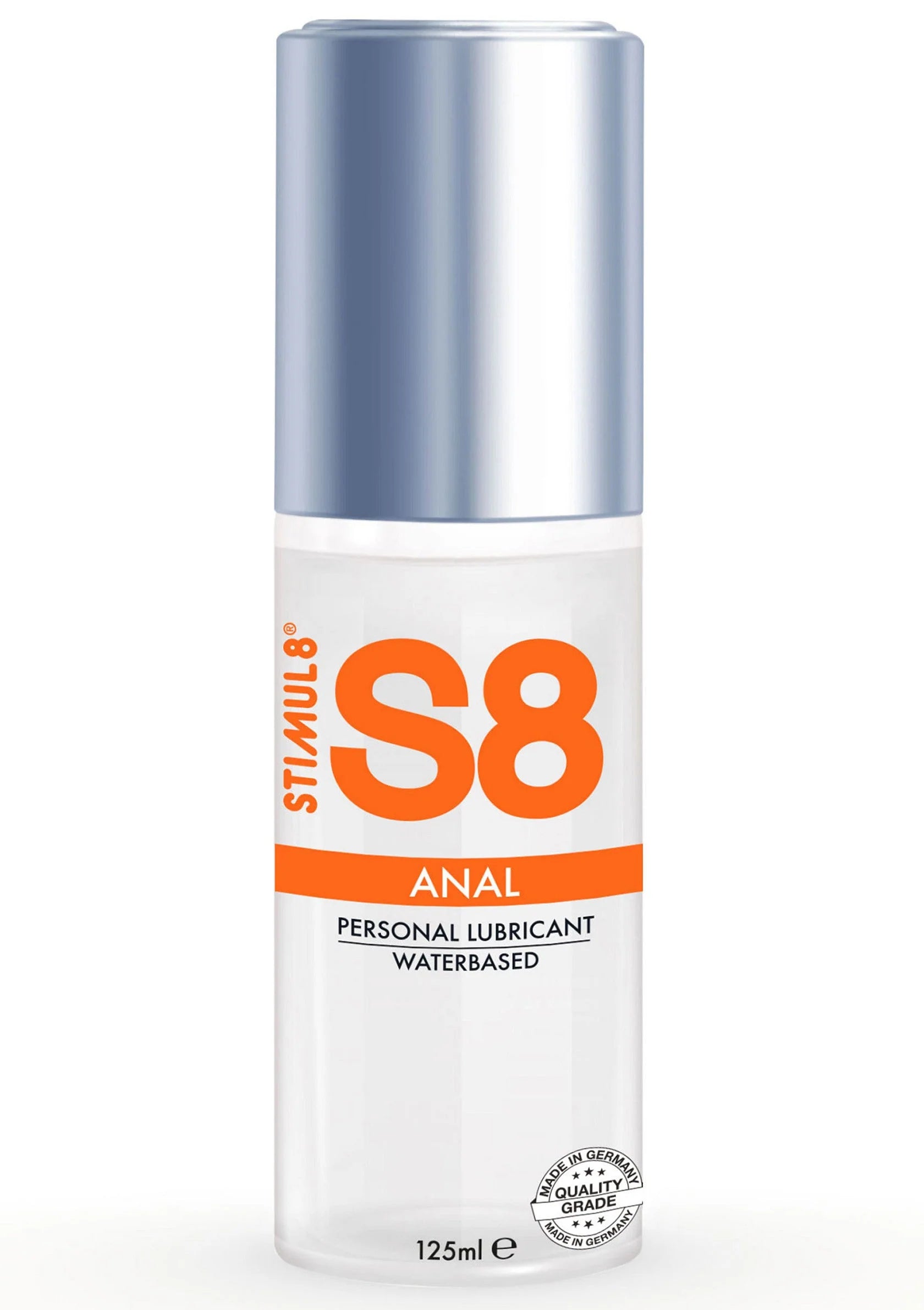 S8 anale waterbased glijmiddel op flesje, 125 ml, oranje label en blauwe dop.