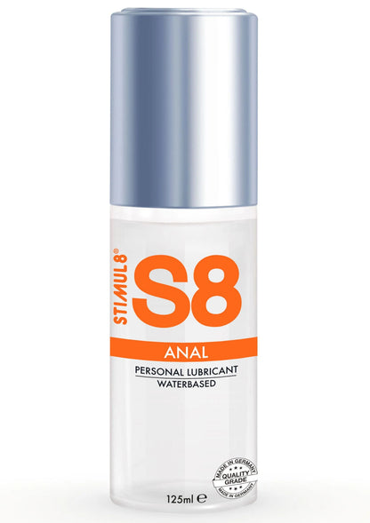 S8 anale waterbased glijmiddel op flesje, 125 ml, oranje label en blauwe dop.