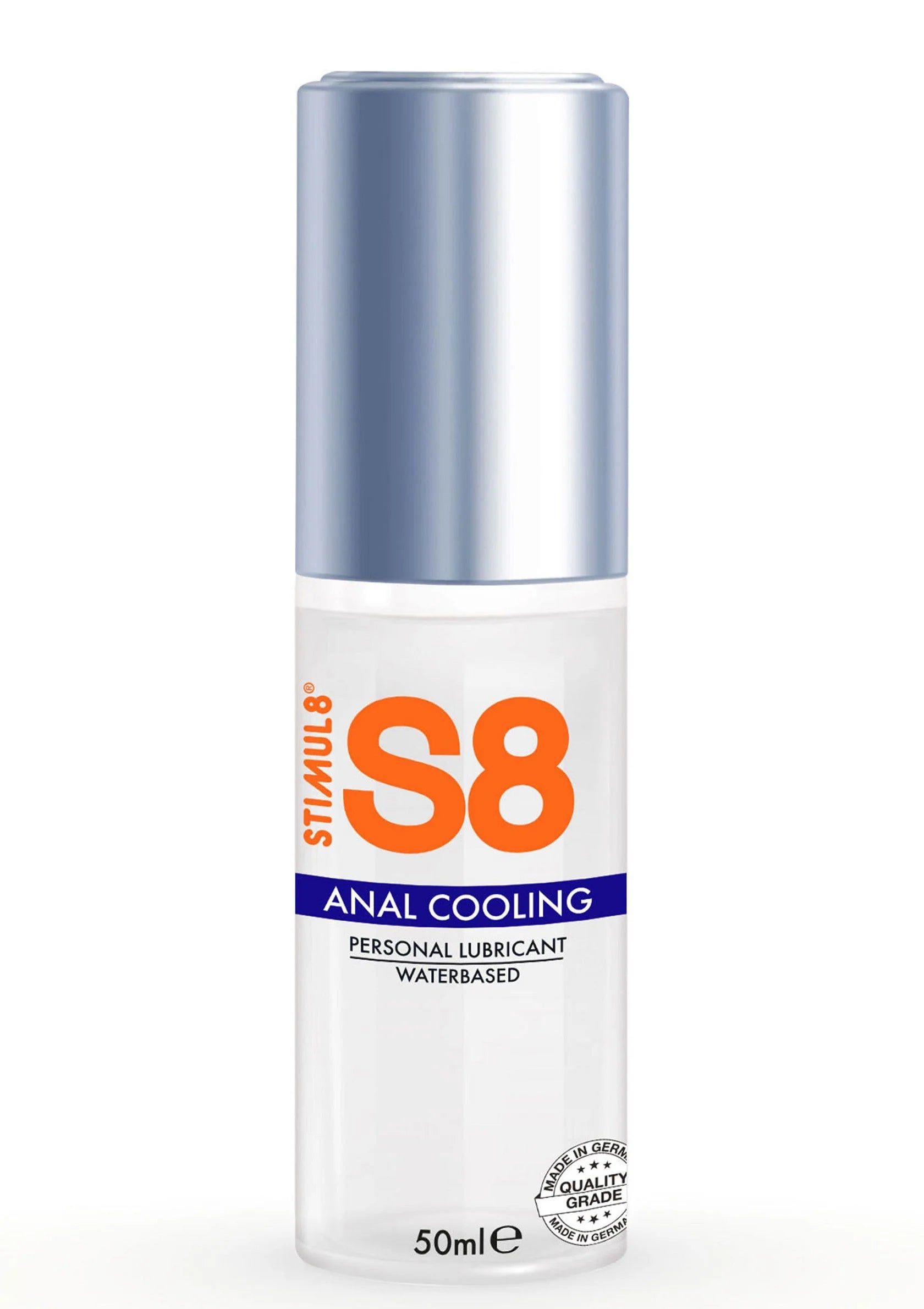 S8 koelende anale glijmiddel flacon 50 ml met blauwe dop en oranje S8-label