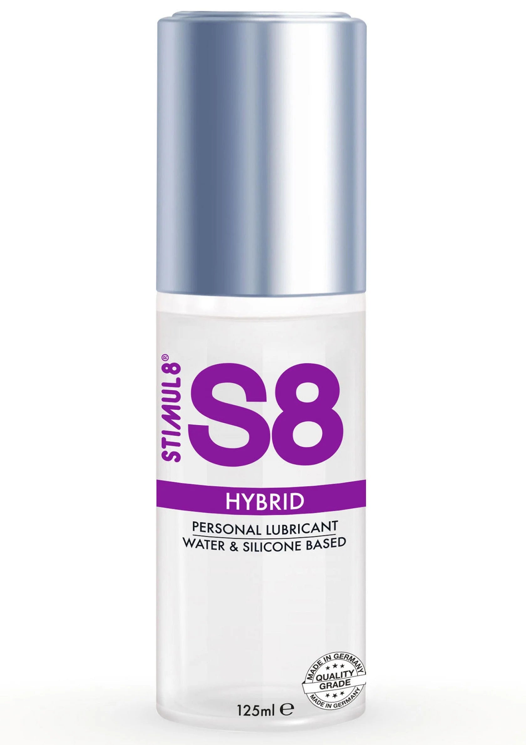 Hybride glijmiddel flesje met paars-witte S8-sticker, 125 ml, zilveren dop.
