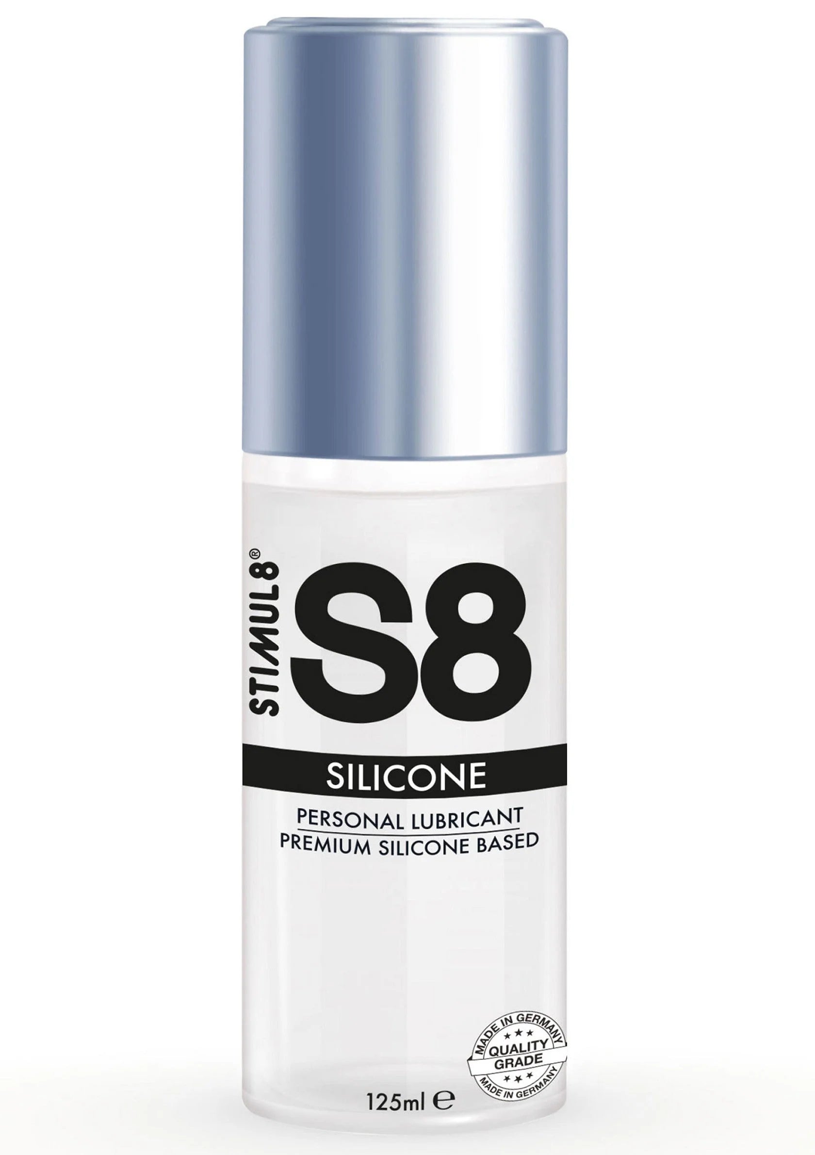 S8 siliconen glijmiddel met zilveren dop en 125 ml op etiket