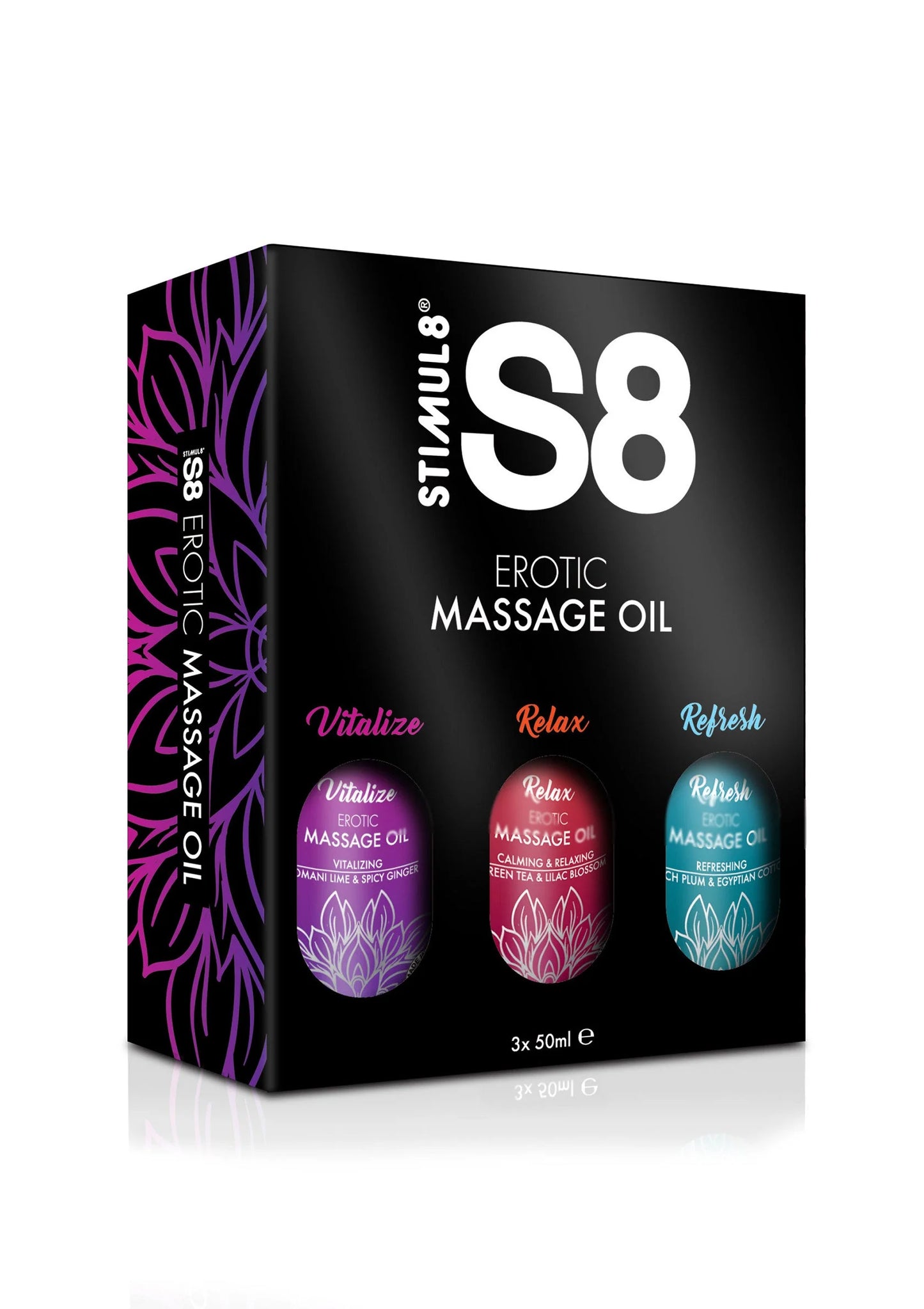 S8 erotische massageolie setdoos met paars zijkantdesign, 3×50 ml