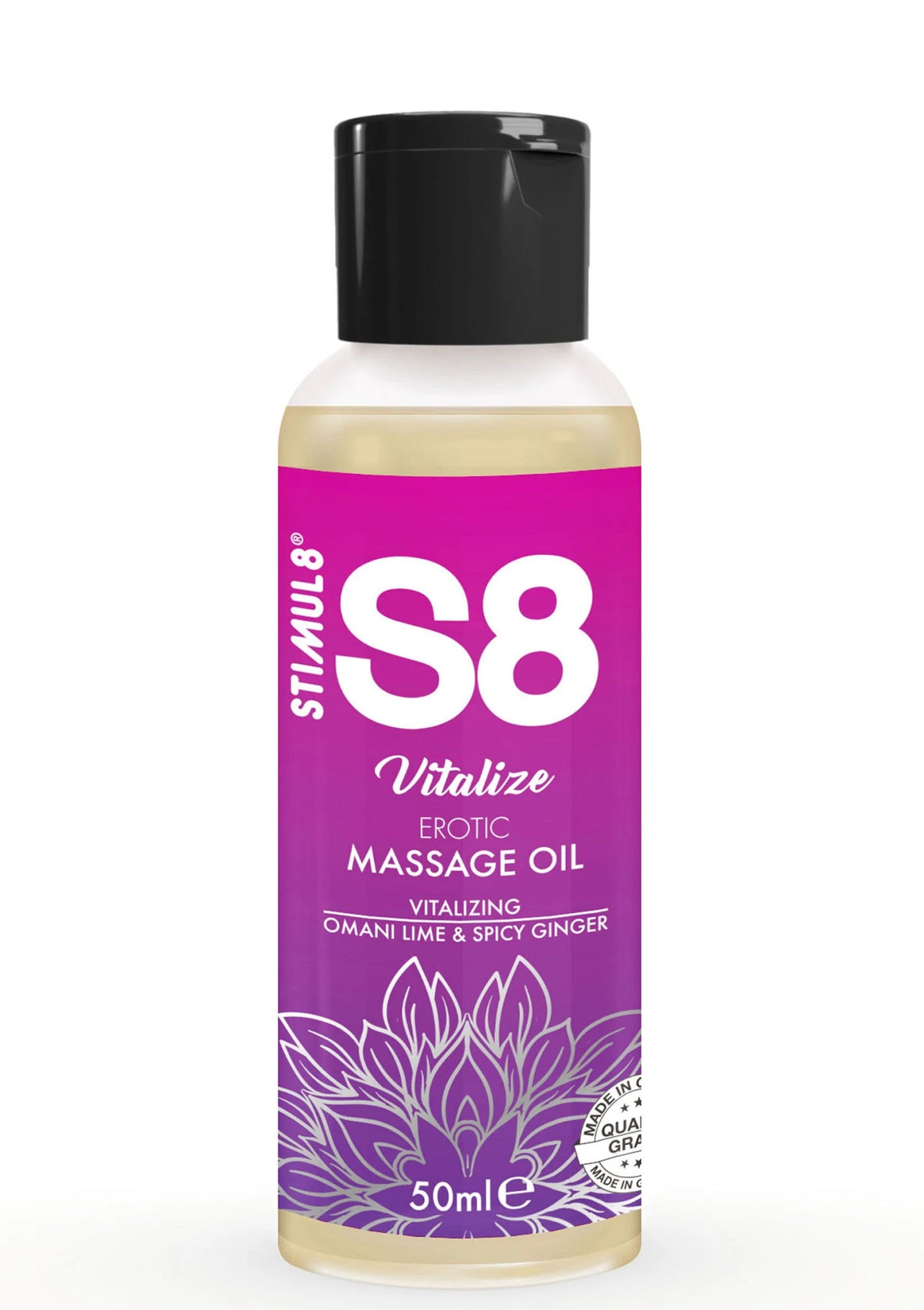 Massageolie fles S8 Vitalize, paars etiket en zwarte dop, 50 ml
