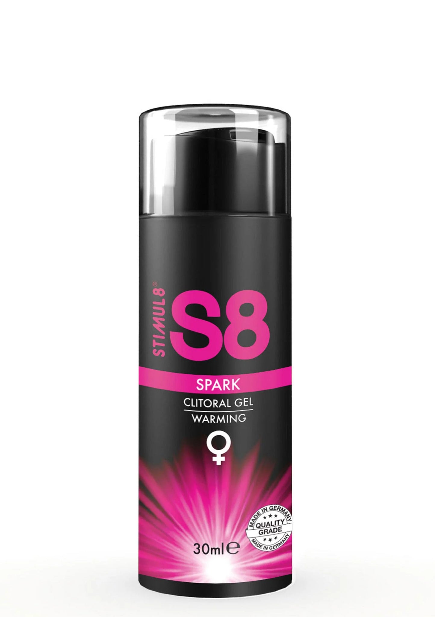 S8 clitorale spark-gel 30 ml: zwarte fles met roze S8-letters en vrouwensymbool.