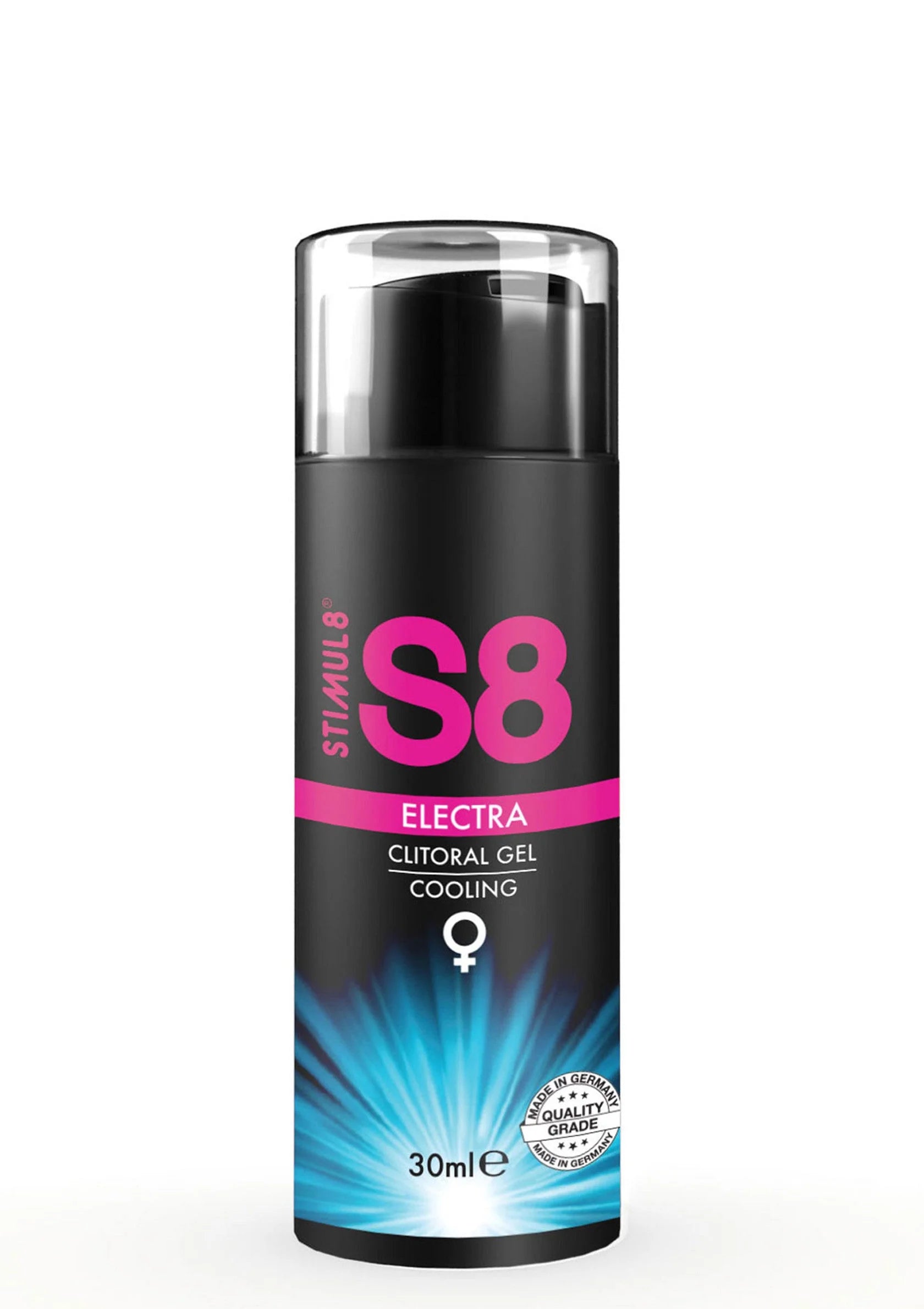 S8 clitorale gel 30 ml, close-up van zwarte fles en doorzichtige dop