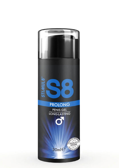 Penisgel fles S8 Prolong, 30 ml, close-up van dispenser en etiket