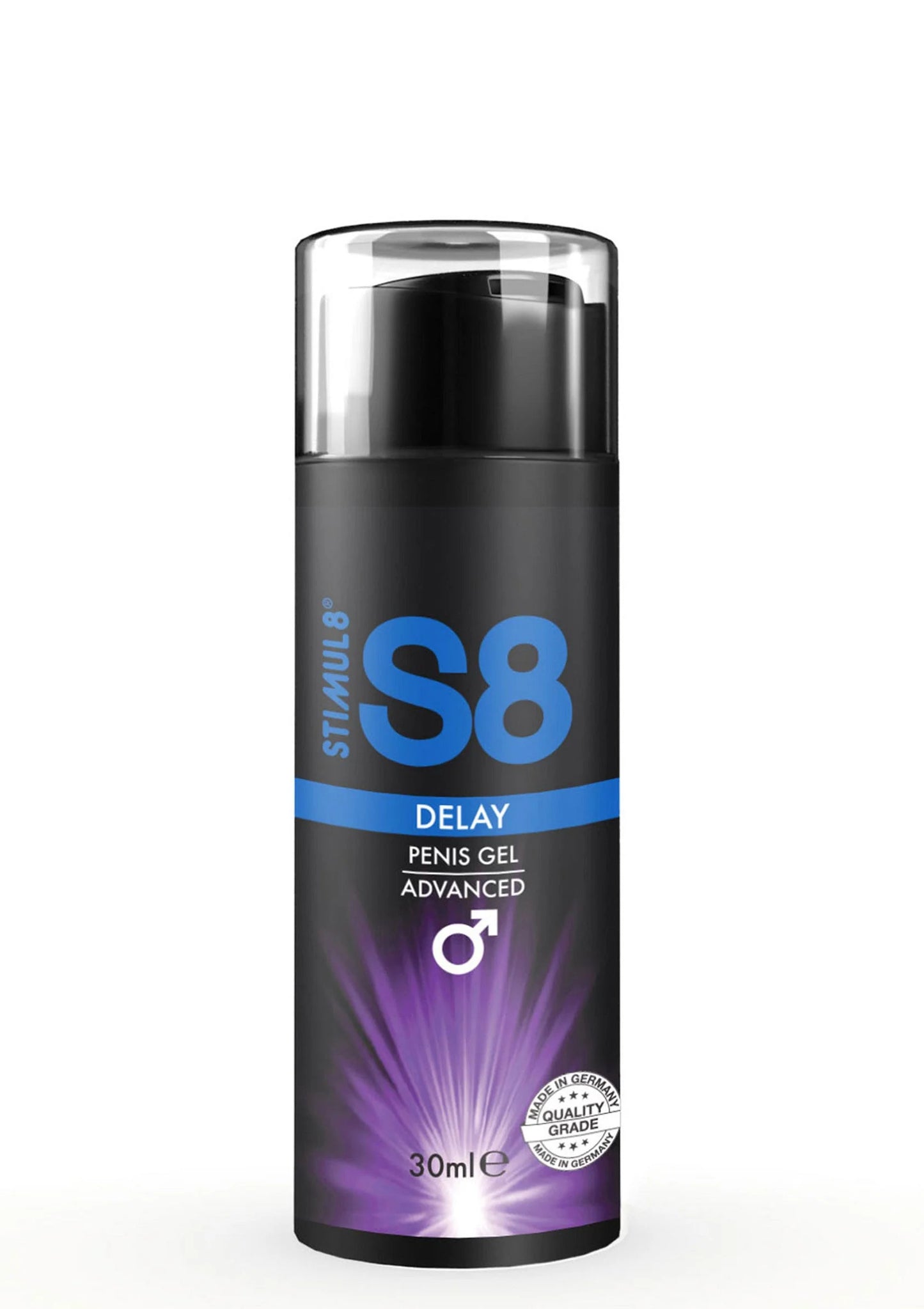 S8 penis-delay gel 30 ml zwarte flacon met blauwe S8 en paarse accentprint
