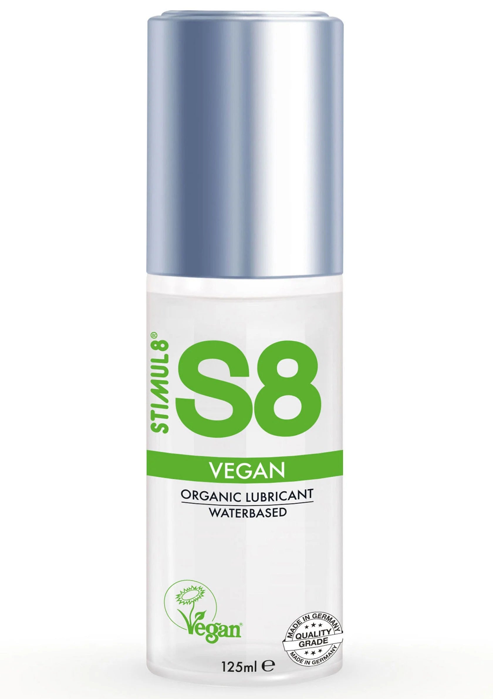 S8 vegan waterbasis glijmiddel 125 ml, close-up van etiket op doorzichtige fles.