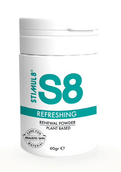 Witte pot met S8 Refreshing renewal powder, plantaardig, 60g; kwaliteitsbadge