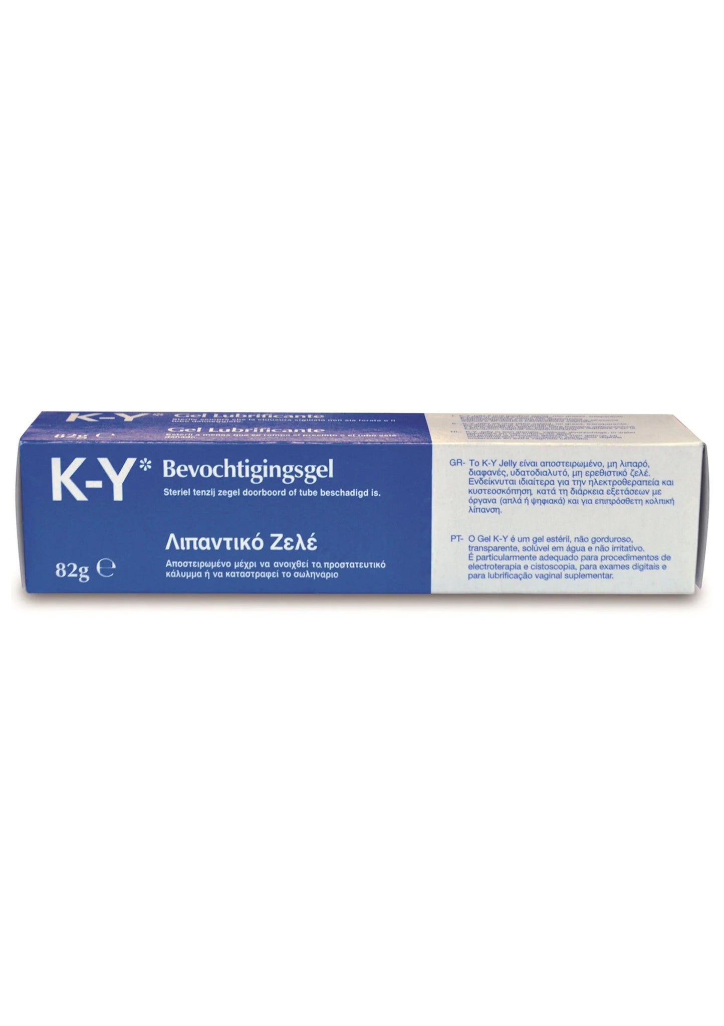 K-Y glijgel 82 g: kartonnen doos met blauwe en witte bedrukking