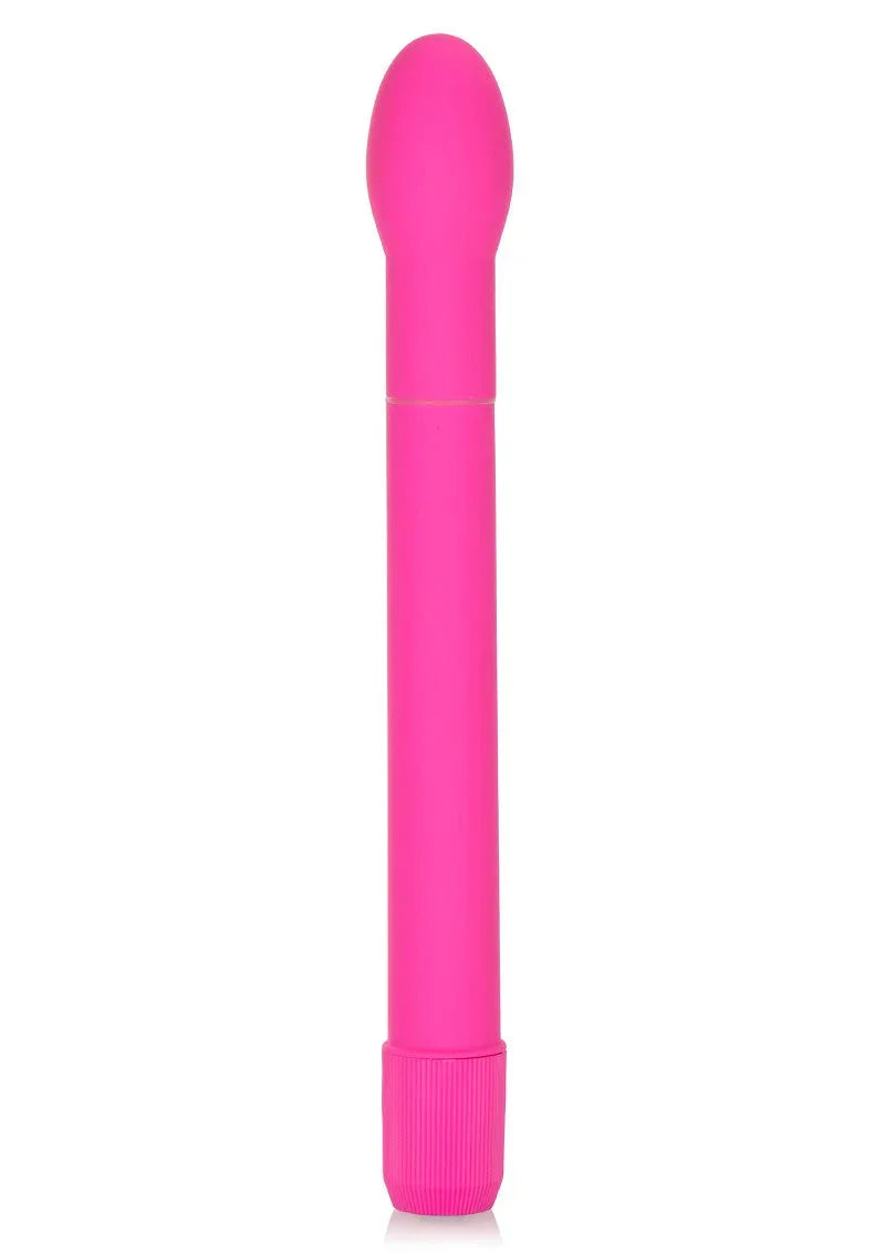Bright pink slender tulip-shaped vibrator with ribbed twist base on white background