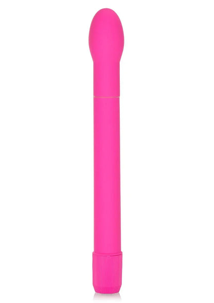 Bright pink slender tulip-shaped vibrator with ribbed twist base on white background