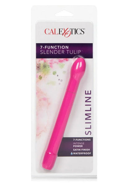 CalExotics 7-function slender tulip vibrator in pink with satin finish, waterproof, slimline design