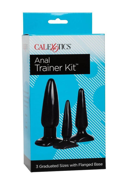CalExotics Anal Trainer Kit with three black graduated butt plugs with flanged bases in a blue and white box