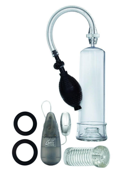 CalExotics Apollo Sta-Hard Kit penis pump with black hand bulb, clear cylinder, cock rings, vibrating bullet, and textured sleeve