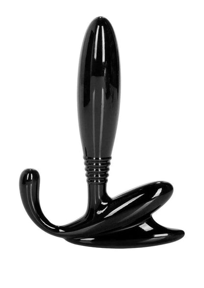 Black glossy Apollo Universal Prostate Probe with curved handle and ribbed neck on white background